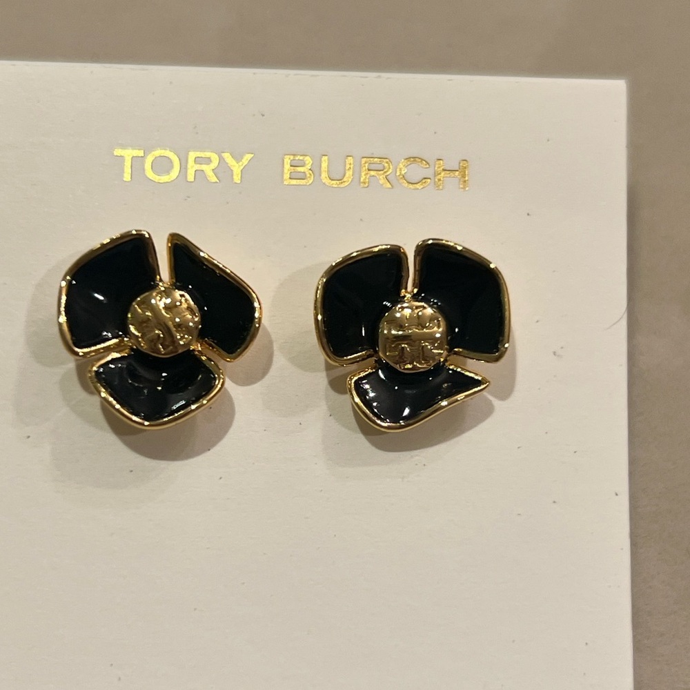 Tory Burch Black Floral Stud Earrings with Gold Detail